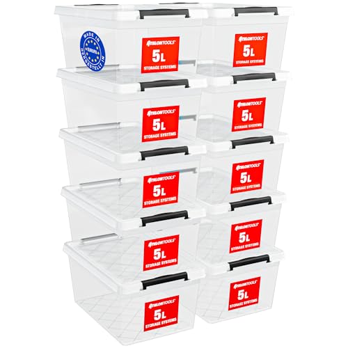 ATHLON TOOLS 10x 5L Aufbewahrungsboxen mit Deckel klein – 100% Neumaterial - transparent - BPA Frei – stapelbare Behälter – graue Verschlussclips – nahezu Luftdicht - Organizer von ATHLON TOOLS