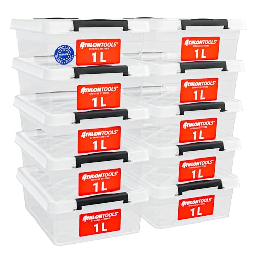 ATHLON TOOLS 10x 1L Aufbewahrungsboxen mit Deckel klein – 100% Neumaterial - transparent - BPA Frei – stapelbare Behälter – graue Verschlussclips – nahezu Luftdicht - Organizer von ATHLON TOOLS
