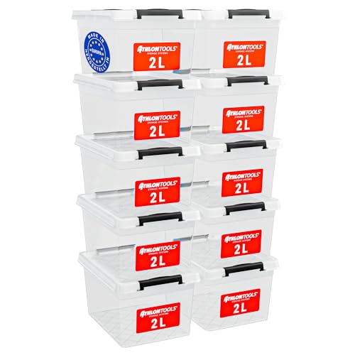 ATHLON TOOLS 10x 2L Aufbewahrungsboxen mit Deckel klein – 100% Neumaterial - transparent - BPA Frei – stapelbare Behälter – graue Verschlussclips – nahezu Luftdicht - Organizer von ATHLON TOOLS