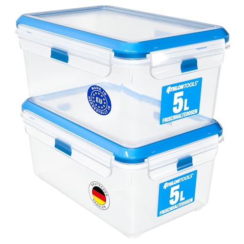 ATHLON TOOLS 2x 5L Frischhaltedosen-Set in Gastro-Qualität - 100% luftdicht und auslaufsicher -40 bis +100 Grad - für alle Lebensmittel - BPA-frei - Vorratsdosen für Kühlschrank [MADE IN EU] von ATHLON TOOLS