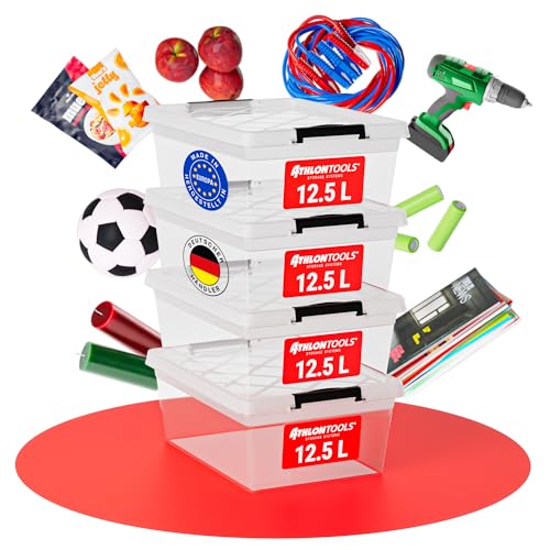 ATHLON TOOLS 4x 12.5 L Aufbewahrungsboxen mit Deckel, lebensmittelecht - Verschlussclips - 100% Neumaterial Plastik-Box transparent - Kleiderboxen stapelbar… von ATHLON TOOLS
