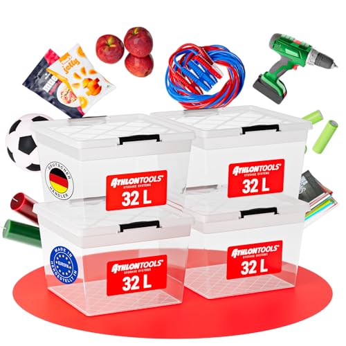 ATHLON TOOLS 4x 32 L Aufbewahrungsboxen mit Deckel, lebensmittelecht - Verschlussclips - 100% Neumaterial Plastik-Box transparent - Kleiderboxen stapelbar… von ATHLON TOOLS