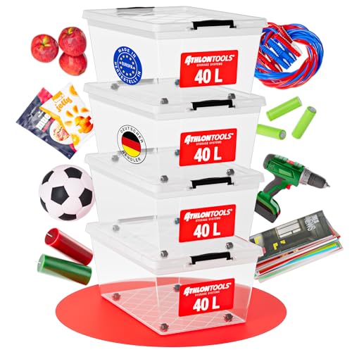 ATHLON TOOLS 4x 40 L Aufbewahrungsboxen mit Deckel, lebensmittelecht - Verschlussclips - 100% Neumaterial Plastik-Box transparent - Kleiderboxen stapelbar… von ATHLON TOOLS