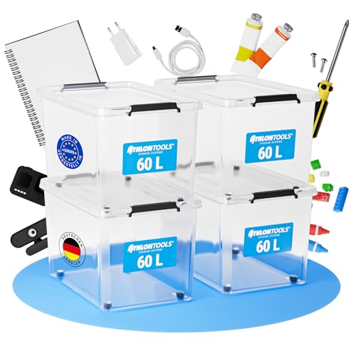 ATHLON TOOLS 4x 60 L Aufbewahrungsboxen mit Deckel, lebensmittelecht - Verschlussclips - 100% Neumaterial Plastik-Box transparent - Kleiderboxen stapelbar ATHLON TOOLS 4x 60 L Aufbewahrungsboxen mit Deckel, lebensmittelecht - Verschlussclips - 100% Neumaterial Plastik-Box transparent - Kleiderboxen stapelbar von ATHLON TOOLS