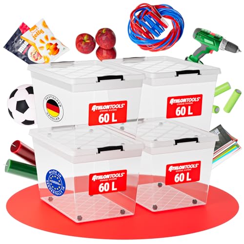 ATHLON TOOLS 4x 60 L Aufbewahrungsboxen mit Deckel, lebensmittelecht - Verschlussclips - 100% Neumaterial Plastik-Box transparent - Kleiderboxen stapelbar… von ATHLON TOOLS