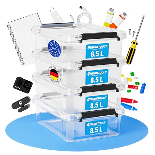 ATHLON TOOLS 4x 8.5 L Aufbewahrungsboxen mit Deckel, lebensmittelecht - Verschlussclips - 100% Neumaterial DIN A4 Plastik-Box transparent - Schuhboxen stapelbar ATHLON TOOLS 4x 8.5 L Aufbewahrungsboxen mit Deckel, lebensmittelecht - Verschlussclips - 100% Neumaterial DIN A4 Plastik-Box transparent - Schuhboxen stapelbar von ATHLON TOOLS