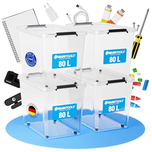 ATHLON TOOLS 4x 80 L Aufbewahrungsboxen mit Deckel, lebensmittelecht - Verschlussclips - 100% Neumaterial Plastik-Box transparent - Kleiderboxen stapelbar ATHLON TOOLS 4x 80 L Aufbewahrungsboxen mit Deckel, lebensmittelecht - Verschlussclips - 100% Neumaterial Plastik-Box transparent - Kleiderboxen stapelbar von ATHLON TOOLS