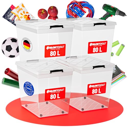 ATHLON TOOLS 4x 80 L Aufbewahrungsboxen mit Deckel, lebensmittelecht - Verschlussclips - 100% Neumaterial Plastik-Box transparent - Kleiderboxen stapelbar… von ATHLON TOOLS