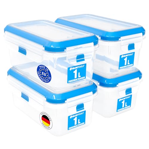 ATHLON TOOLS 4x 1L Frischhaltedosen-Set in Gastro-Qualität - 100% luftdicht und auslaufsicher -40 bis +100 Grad - für alle Lebensmittel - BPA-frei - Vorratsdosen für Kühlschrank (1 L | 4er Set) von ATHLON TOOLS