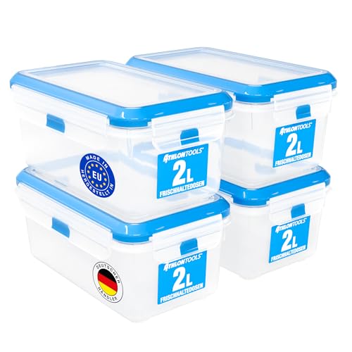 ATHLON TOOLS 4x 2L Frischhaltedosen-Set in Gastro-Qualität - 100% luftdicht und auslaufsicher -40 bis +100 Grad - für alle Lebensmittel - BPA-frei - Vorratsdosen für Kühlschrank [MADE IN EU] von ATHLON TOOLS