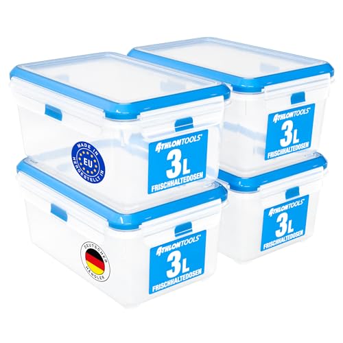ATHLON TOOLS 4x 3L Frischhaltedosen-Set in Gastro-Qualität - 100% luftdicht und auslaufsicher -40 bis +100 Grad - für alle Lebensmittel - BPA-frei - Vorratsdosen für Kühlschrank (3 L | 4er Set) von ATHLON TOOLS