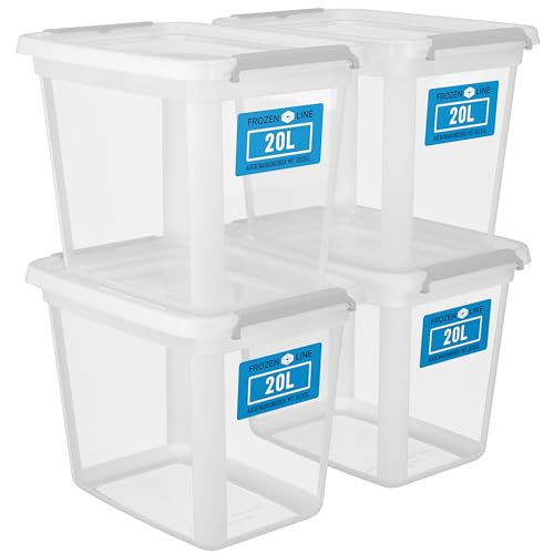 ATHLON TOOLS 4x 20L Aufbewahrungsboxen mit Deckel transparent – 100% Neumaterial - Stapelbare Plastik-Boxen – Lagerboxen – graue Verschlussclips – BPA Frei von ATHLON TOOLS