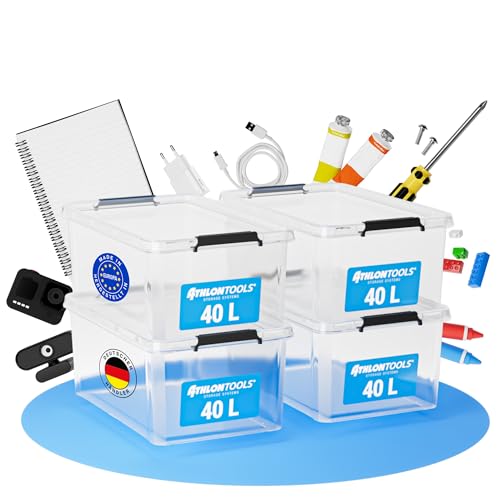 ATHLON TOOLS 4x 40 L Aufbewahrungsboxen mit Deckel, lebensmittelecht - Verschlussclips - 100% Neumaterial Plastik-Box transparent - Kleiderboxen stapelbar von ATHLON TOOLS