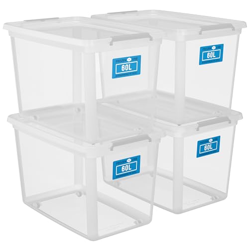 ATHLON TOOLS 4x 60L Aufbewahrungsboxen mit Deckel transparent – 100% Neumaterial - Stapelbare Plastik-Boxen – Lagerboxen – graue Verschlussclips – BPA Frei von ATHLON TOOLS