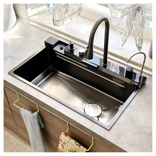ATHOMASM 80 x 50 cm Küchenspüle aus Edelstahl, mit Temperaturanzeige, Nanobeschichtung, 1 Einzelwaschbecken, mit abnehmbarer Wasserhahn, Ablaufrohr, große Küchenspüle ATHOMASM 80 x 50 cm Küchenspüle aus Edelstahl, mit Temperaturanzeige, Nanobeschichtung, 1 Einzelwaschbecken, mit abnehmbarer Wasserhahn, Ablaufrohr, große Küchenspüle von ATHOMASM