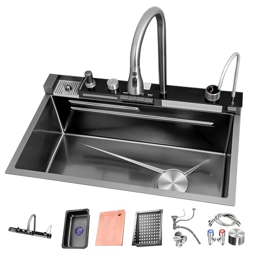 ATHOMASM 80x50cm Edelstahl Küchenspüle 1 Becken, mit Temperaturanzeige, Wasserfall Waschbecken mit Ausziehbarer Wasserhahn, Siphon, Multifunktional Spülbecken, mit Rechter Abfluss, Große Kitchen Sinks von ATHOMASM