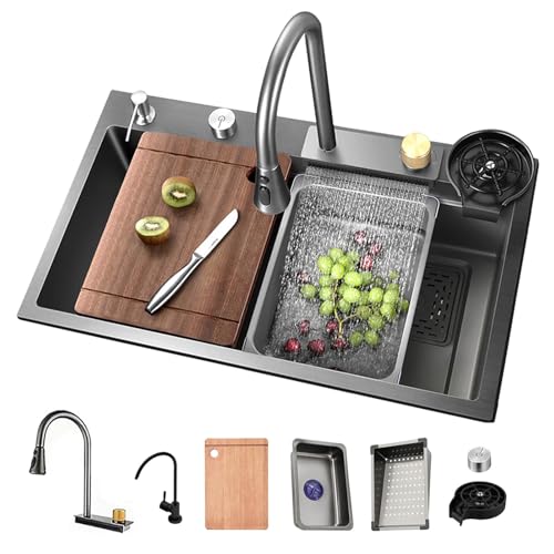 ATHOMASM Edelstahlspüle 1 Becken 85x50cm Schwarz Grau - Einbau Küchenspüle mit Wasserfall-Design, ausziehbarer Wasserhahn, Arbeitsstation & Abtropfkorb ATHOMASM Edelstahlspüle 1 Becken 85x50cm Schwarz Grau - Einbau Küchenspüle mit Wasserfall-Design, ausziehbarer Wasserhahn, Arbeitsstation & Abtropfkorb von ATHOMASM