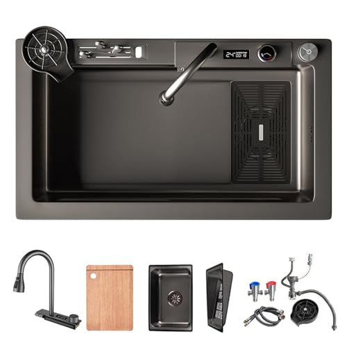 ATHOMASM Küchenspüle 1 Becken Schwarz - Edelstahl Einbauspüle 85x45 cm mit Wasserfall-Design, Temperaturdisplay, Messerschlitten & Abtropfkorb ATHOMASM Küchenspüle 1 Becken Schwarz - Edelstahl Einbauspüle 85x45 cm mit Wasserfall-Design, Temperaturdisplay, Messerschlitten & Abtropfkorb von ATHOMASM