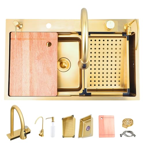 ATHOMASM Küchenspüle Gold-Optik Spüle 70x50cm Edelstahl rostfrei, Ausziehbarer Wasserhahn, Unterbau Multifunktionsspüle mit Wasserfall-Funktion, Komplett-Set ATHOMASM Küchenspüle Gold-Optik Spüle 70x50cm Edelstahl rostfrei, Ausziehbarer Wasserhahn, Unterbau Multifunktionsspüle mit Wasserfall-Funktion, Komplett-Set von ATHOMASM