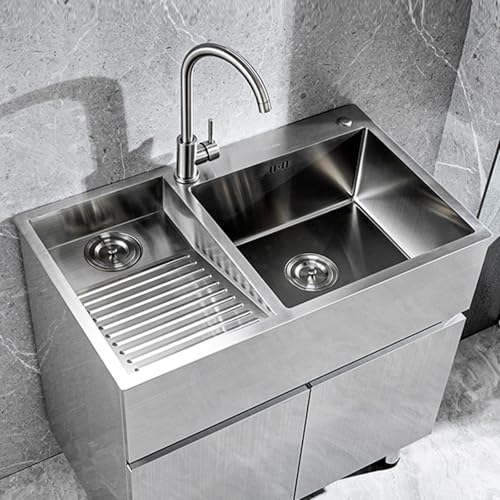 Edelstahl-Waschbecken Mit Waschbrett – Handgefertigtes Mehrzweckbecken Für Waschküche, Werkstatt Und Garage – Langlebiges Gebürstetes Finish, Tiefes Becken Mit Effizienter Entwässerung(Left-b,90cm) von ATHOMASM