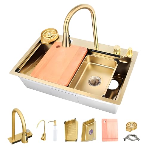 Goldene Küchenspüle 68cm, küchenwaschbecken edelstahl, spüle Mit Verstellbarem Ausziehbarem Wasserhahn, spülbecken küche komplett set, einbau Spüle Wasserfall-multifunktionsspüle Küche von ATHOMASM