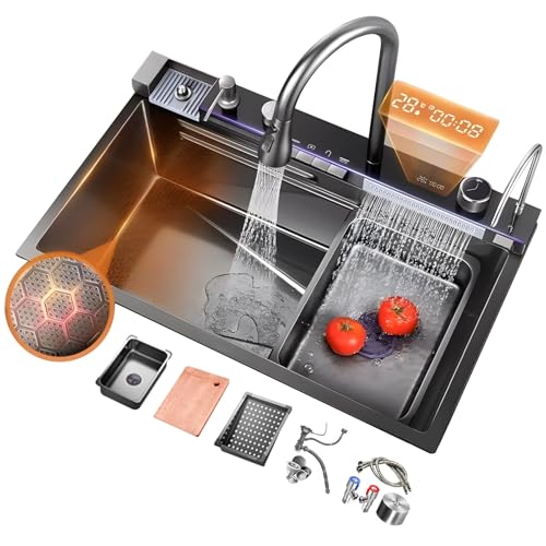 Nanobeschichtetes Einzelbecken Mit Zwei Wasserfällen Und Klaviertastensteuerung | Edelstahl-Arbeitsplatzspüle Mit Tassenspüler Und Intelligenter Digitalanzeige | Topmount-Design(Black-gray,75cm) von ATHOMASM