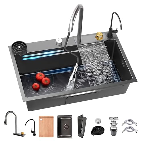 Schwarz Grau KüChenspüLe, Rechteck 68 x 45 cm, Eingebauter SpüLbecken KüChe, SpüLbecken Edelstahl 1 Becken, Wasserfall-SpüLbecken, Mit Ausziehbarem Wasserhahn-Set von ATHOMASM
