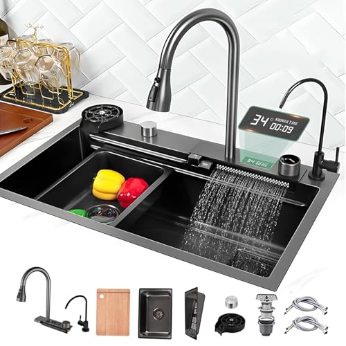 Spülbecken Küche 1 Becken, Schwarz Einbauspüle 68 x 45 cm, Edelstahlspüle, große Spüle, Arbeitsplatz-Küchenspülen, Anzeige der Wassertemperatur, Mit Ausziehbarem Wasserhahn-Set von ATHOMASM