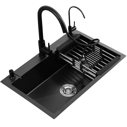 ATHUAH Drop-in-Küchenspüle aus schwarzem Edelstahl, Einzelbecken-Küchenspüle, Seifenspender, Abflusssieb-Set für moderne Einzelbecken-Küchenspüle (Farbe: Schwarz, Größe: 50 x 45 x 20 cm) von ATHUAH