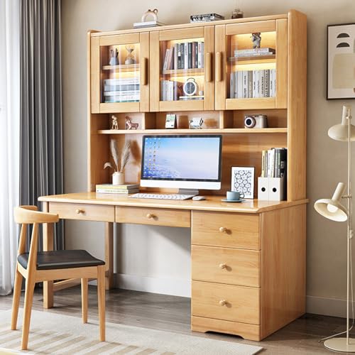 ATHUAH Studiertisch mit Schrank, moderner Home-Office-Schreibtisch mit Schubladen und Glastür, Arbeitsschreibtisch, Arbeitsstation für kleine Räume (100 x 60 x 186 cm, Natur) von ATHUAH