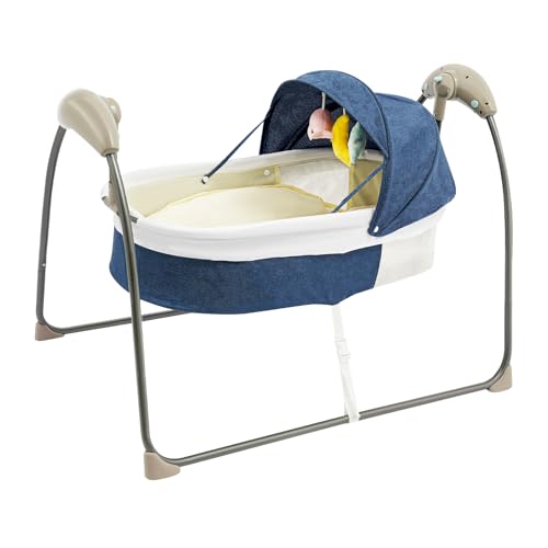 ATIVLB Tragbares Babybett E-Baby-Schüttelbett E-Schüttelbett,mit Mücken Net,3-Geschwindigkeits-Schwingwinkel und Timerfunktion,für 0-12Monate,Blau von ATIVLB