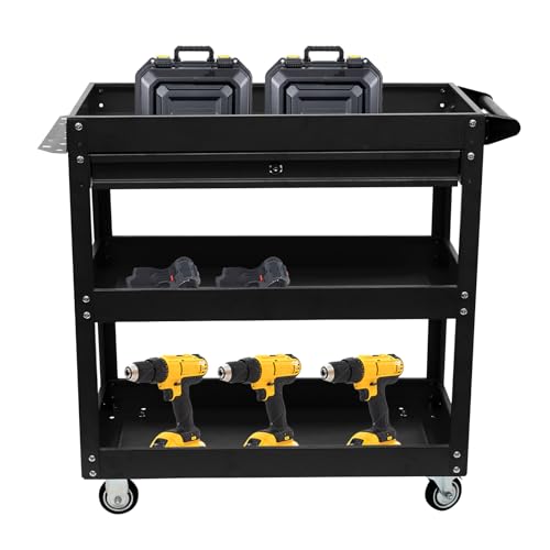 Rollender Werkzeugwagen, 3-Layer Werkstattwagen mit 4 Rädern, Mobiler Werkzeug-Wagen 150 KG Tragkraft, für Werkstätten Garagen Lagerhäuser Baustellen, 76.3 x 35.3 x 83.5cm (Schwarz) von ATIVLB