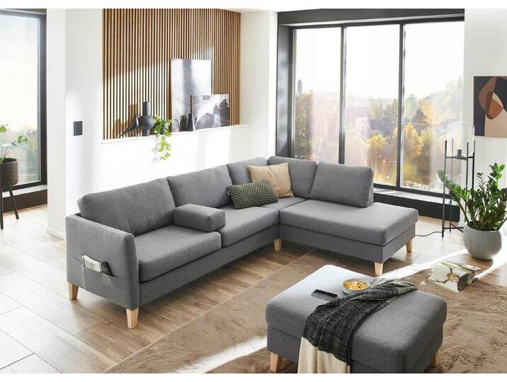 ATLANTIC home collection Ecksofa Mailo L-Form, mit Seitentaschen und Ottomane, mit Massivholzfüßen, grau, grau von ATLANTIC-home-collection
