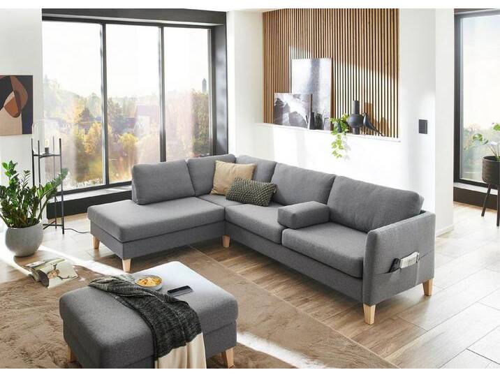 ATLANTIC home collection Ecksofa Mailo L-Form, mit Seitentaschen und Ottomane, mit Massivholzfüßen, grau, grau von ATLANTIC-home-collection