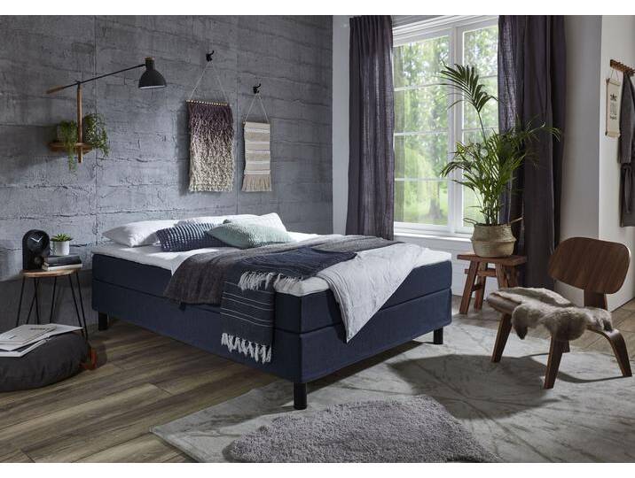 Boxbett Happy , blau, B:140cm L:200cm, Bettgestell und seitliche Einfassung der Matratzen: Strukturstoff, 100% Polyester, Spiegelfläche der Matratze: 100% Polyester, Topper: 100% Polyurethan, Bezug (100% Polyester), Bezug Kopfkissen und Steppdecke: Microfaser (100% Polyester), waschbar bis 95u00b0C, Füllung Kopfkissen und Steppdecke: silikonisierte Hohlfaser (100% Polyester), anti-alergisch, ATLANTIC HOME COLLECTION, Komplettbetten, Boxspringbett, ohne Kopfteil, mit Topper, wahlweise mit oder ohne Bettwaren von ATLANTIC-home-collection