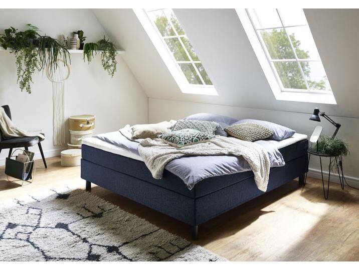 Boxbett Happy , blau, B:160cm L:200cm, Bettgestell und seitliche Einfassung der Matratzen: Strukturstoff, 100% Polyester, Spiegelfläche der Matratze: 100% Polyester, Topper: 100% Polyurethan, Bezug (100% Polyester), Bezug Kopfkissen und Steppdecke: Microfaser (100% Polyester), waschbar bis 95u00b0C, Füllung Kopfkissen und Steppdecke: silikonisierte Hohlfaser (100% Polyester), anti-alergisch, ATLANTIC HOME COLLECTION, Komplettbetten, Boxspringbett, ohne Kopfteil, mit Topper, wahlweise mit oder ohne Bettwaren von ATLANTIC-home-collection