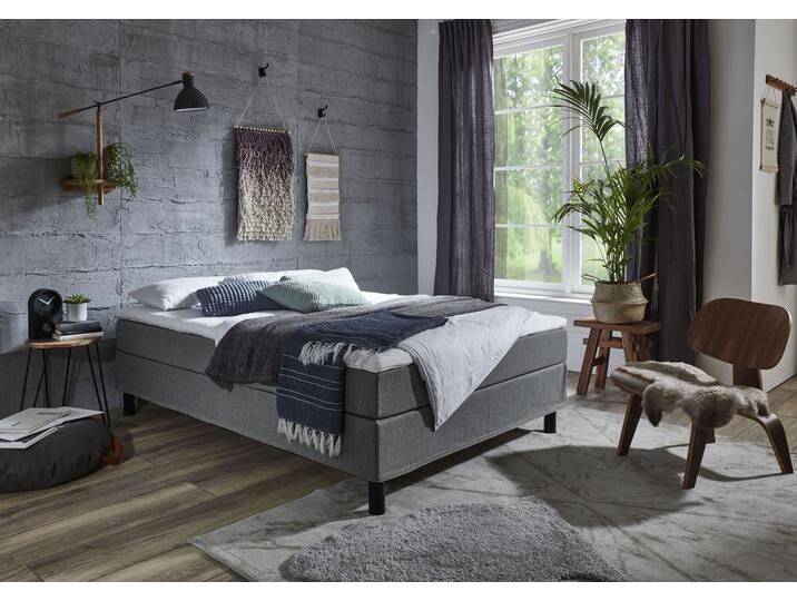 Boxbett Happy , grau, B:140cm L:200cm, Bettgestell und seitliche Einfassung der Matratzen: Strukturstoff, 100% Polyester, Spiegelfläche der Matratze: 100% Polyester, Topper: 100% Polyurethan, Bezug (100% Polyester), Bezug Kopfkissen und Steppdecke: Microfaser (100% Polyester), waschbar bis 95u00b0C, Füllung Kopfkissen und Steppdecke: silikonisierte Hohlfaser (100% Polyester), anti-alergisch, ATLANTIC HOME COLLECTION, Komplettbetten, Boxspringbett, ohne Kopfteil, mit Topper, wahlweise mit oder ohne Bettwaren von ATLANTIC-home-collection