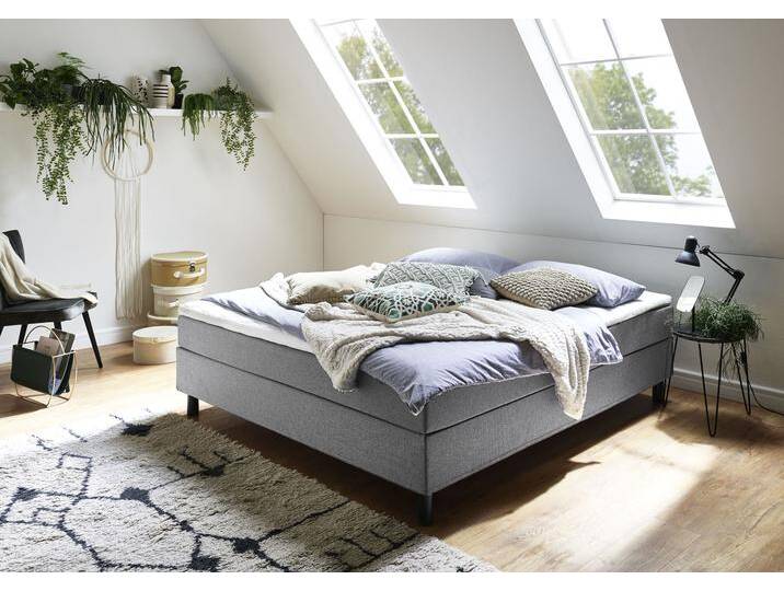 Boxbett Happy , grau, B:180cm L:200cm, Bettgestell und seitliche Einfassung der Matratzen: Strukturstoff, 100% Polyester, Spiegelfläche der Matratze: 100% Polyester, Topper: 100% Polyurethan, Bezug (100% Polyester), Bezug Kopfkissen und Steppdecke: Microfaser (100% Polyester), waschbar bis 95u00b0C, Füllung Kopfkissen und Steppdecke: silikonisierte Hohlfaser (100% Polyester), anti-alergisch, ATLANTIC HOME COLLECTION, Komplettbetten, Boxspringbett, ohne Kopfteil, mit Topper, wahlweise mit oder ohne Bettwaren von ATLANTIC-home-collection