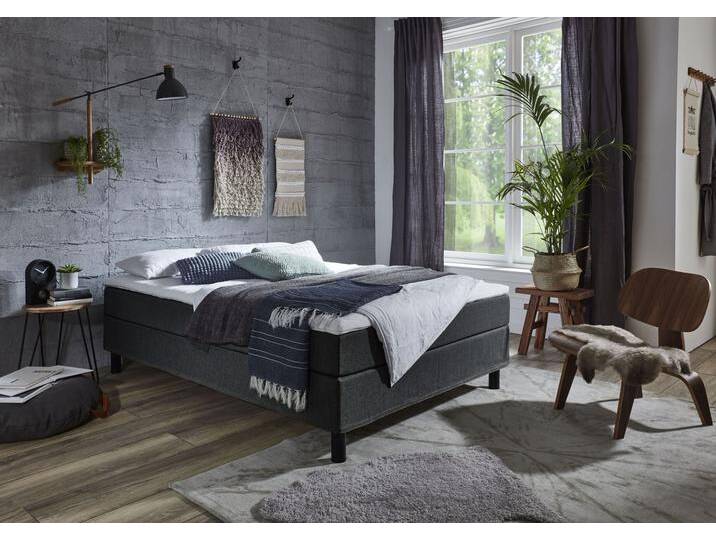 Boxbett Happy , grau (anthrazit), B:140cm L:200cm, Bettgestell und seitliche Einfassung der Matratzen: Strukturstoff, 100% Polyester, Spiegelfläche der Matratze: 100% Polyester, Topper: 100% Polyurethan, Bezug (100% Polyester), Bezug Kopfkissen und Steppdecke: Microfaser (100% Polyester), waschbar bis 95u00b0C, Füllung Kopfkissen und Steppdecke: silikonisierte Hohlfaser (100% Polyester), anti-alergisch, ATLANTIC HOME COLLECTION, Komplettbetten, Boxspringbett, ohne Kopfteil, mit Topper, wahlweise mit oder ohne Bettwaren von ATLANTIC-home-collection