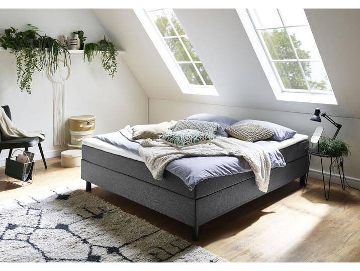 Boxbett Happy , grau (anthrazit), B:180cm L:200cm, Bettgestell und seitliche Einfassung der Matratzen: Strukturstoff, 100% Polyester, Spiegelfläche der Matratze: 100% Polyester, Topper: 100% Polyurethan, Bezug (100% Polyester), Bezug Kopfkissen und Steppdecke: Microfaser (100% Polyester), waschbar bis 95u00b0C, Füllung Kopfkissen und Steppdecke: silikonisierte Hohlfaser (100% Polyester), anti-alergisch, ATLANTIC HOME COLLECTION, Komplettbetten, Boxspringbett, ohne Kopfteil, mit Topper, wahlweise mit oder ohne Bettwaren von ATLANTIC-home-collection