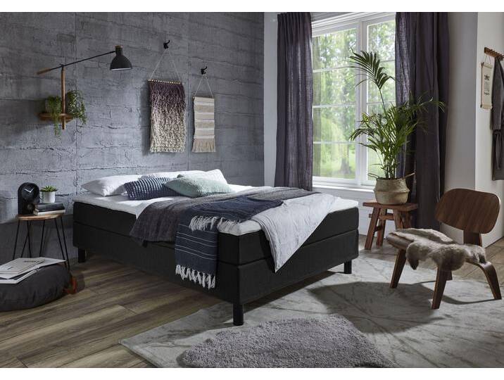 Boxbett Happy , schwarz, B:120cm L:200cm, Bettgestell und seitliche Einfassung der Matratzen: Strukturstoff, 100% Polyester, Spiegelfläche der Matratze: 100% Polyester, Topper: 100% Polyurethan, Bezug (100% Polyester), Bezug Kopfkissen und Steppdecke: Microfaser (100% Polyester), waschbar bis 95u00b0C, Füllung Kopfkissen und Steppdecke: silikonisierte Hohlfaser (100% Polyester), anti-alergisch, ATLANTIC HOME COLLECTION, Komplettbetten, Boxspringbett, ohne Kopfteil, mit Topper, wahlweise mit oder ohne Bettwaren von ATLANTIC-home-collection
