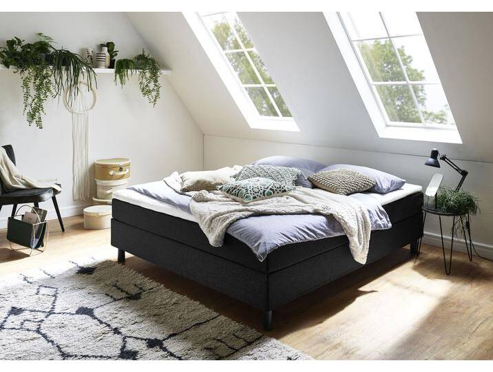 Boxbett Happy , schwarz, B:180cm L:200cm, Bettgestell und seitliche Einfassung der Matratzen: Strukturstoff, 100% Polyester, Spiegelfläche der Matratze: 100% Polyester, Topper: 100% Polyurethan, Bezug (100% Polyester), Bezug Kopfkissen und Steppdecke: Microfaser (100% Polyester), waschbar bis 95u00b0C, Füllung Kopfkissen und Steppdecke: silikonisierte Hohlfaser (100% Polyester), anti-alergisch, ATLANTIC HOME COLLECTION, Komplettbetten, Boxspringbett, ohne Kopfteil, mit Topper, wahlweise mit oder ohne Bettwaren von ATLANTIC-home-collection