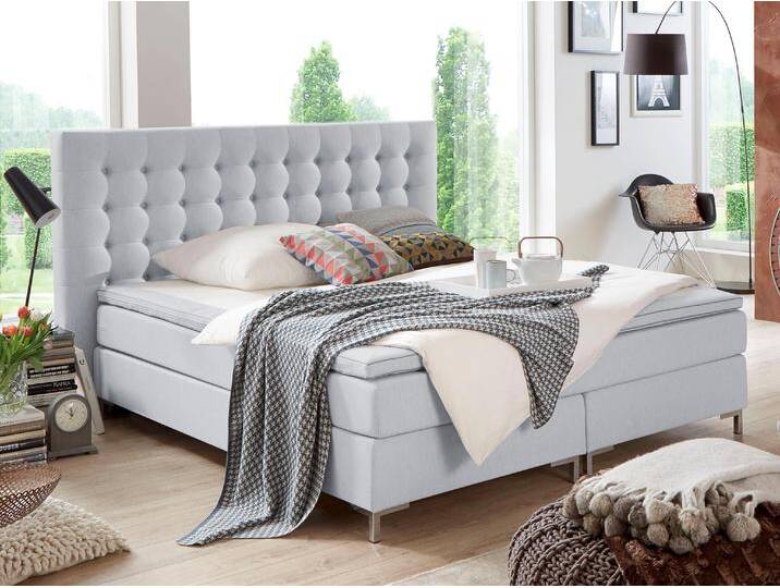 Boxspringbett Anni , grau (hellgrau), B:180cm L:213cm, Bezug: Strukturstoff (100% Polyester), Bezug Matratzenspiegel: Jersey (100% Polyester), Bezug Topperspiegel: Jersey (100% Polyester), ATLANTIC HOME COLLECTION, Komplettbetten, Boxspringbett, mit Bonnell-Federkernmatratze und Topper von ATLANTIC-home-collection