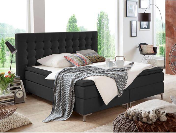 Boxspringbett Anni , schwarz, B:200cm L:213cm, Bezug: Strukturstoff (100% Polyester);Bezug Matratzenspiegel: Jersey (100% Polyester);Bezug Topperspiegel: Jersey (100% Polyester), ATLANTIC HOME COLLECTION, Komplettbetten, Boxspringbett, mit Bonnell-Federkernmatratze und Topper von ATLANTIC-home-collection