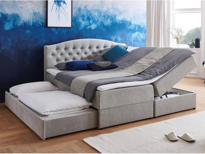 Boxspringbett Lotte , grau (hellgrau), B:182cm L:213cm, Bezug: Strukturstoff (100% Polyester; 100% Acryl);Bezug Matratzenspiegel: Jersey (100% Polyester und Acryl);Bezug Topperspiegel: Jersey (100% Polyester und Acryl);Bezug Kopfeil: Strukturstoff (100% Acryl), ATLANTIC HOME COLLECTION, Komplettbetten, Boxspringbett, mit Topper, Bettkasten und Gästebett von ATLANTIC-home-collection