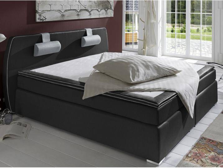 Boxspringbett Rex , schwarz, Liegefläche B/L: 180cm x 200cm, H2, Bonnell-Federkernmatratze, Kopfteil, untere Box, Obermatratze und Topper sind mit pflegeleichtem Strukturstoff (65% Polypropelen, 35% Polyester) bezogen., Die Nackenkissen sind mit Strukturstoff (65% Polypropelen, 35% Polyester) bezogen., Die Spiegelfläche der Unterfederung ist mit einem rutschhemmenden Vlies (Jersey) aus 100% Polyester ausgestattet., Die obere (oder auch untere) Spiegelfläche der Obermatratze ist mit einem rutschhemmenden Vlies (Jersey) aus 100% Polyester ausgestattet., Die Spiegelfläche des Toppers ist mit einem antibakteriellen Jersey-Bezug (SmartSilver Technologie) aus 100% Polyester ausgestattet., ATLANTIC HOME COLLECTION, Komplettbetten, Boxspringbett, mit Topper und verstellbaren Nackenkissen von ATLANTIC-home-collection