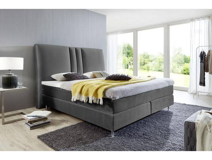 Boxspringbett Rita , grau (dunkelgrau), B:198cm L:223cm, Bezug Bett: Samtvelours (100% Polyester);Bezug Matratze: 100% Polyester;Bezug Topper: 100% Polyester, ATLANTIC HOME COLLECTION, Komplettbetten, Boxspringbett, mit Topper und hohen Kopfteil von ATLANTIC-home-collection