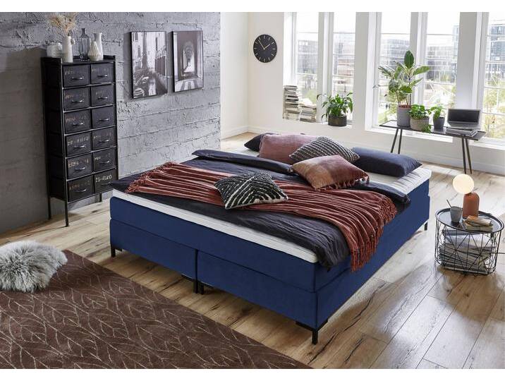 Boxspringbett Romy , blau (navyblau), B:180cm L:200cm, Bezug Bettbox und Obermatratze: Strukturstoff (90% Polyester, 10% Nylon), Topper: Jersey (100% Polyester), ATLANTIC HOME COLLECTION, Komplettbetten, Boxspringbett, ohne Kopfteil, frei im Raum stellbar von ATLANTIC-home-collection