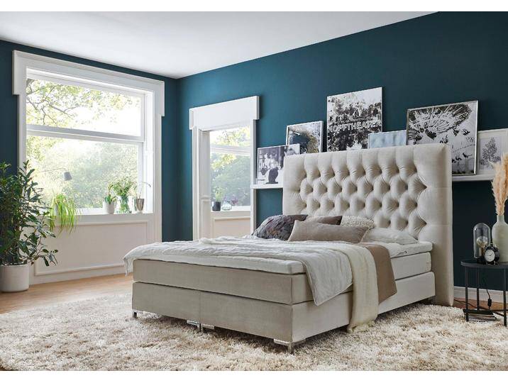 Boxspringbett Ronja , beige (creme), B:168cm L:216cm, Bezug Bett: Samtvelours (100% Polyester);Bonnell-Federkernmatratze: Jersey (100% Polyester);Topper: Jersey (100% Polyester), ATLANTIC HOME COLLECTION, Komplettbetten, Boxspringbett, mit Topper und extra hohem Kopfteil von ATLANTIC-home-collection