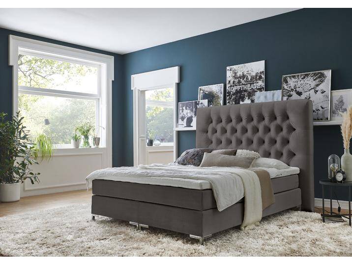 Boxspringbett Ronja , grau, B:208cm L:216cm, Bezug Bett: Samtvelours (100% Polyester);Bonnell-Federkernmatratze: Jersey (100% Polyester);Topper: Jersey (100% Polyester), ATLANTIC HOME COLLECTION, Komplettbetten, Boxspringbett, mit Topper und extra hohem Kopfteil von ATLANTIC-home-collection